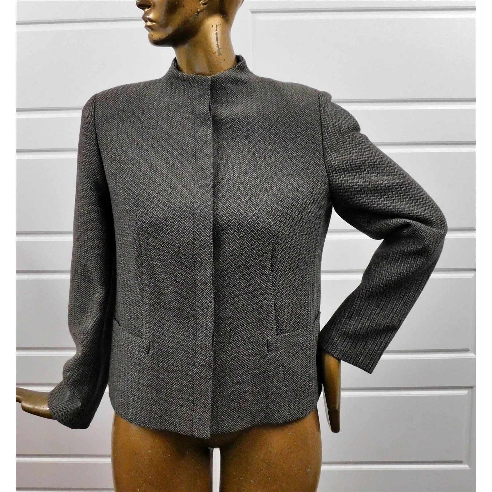 Armani Collezioni Gray Herringbone Wool Jacket Blazer Italy Sz 12